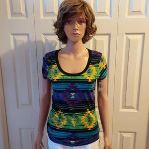 NO BOUNDARIES MULTI COLOR AZTEC DESIGN WITH GATHERED SIDES TOP SIZE MJ NWT